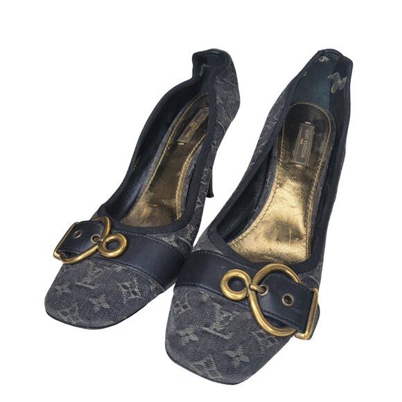 Louis Vuitton Monogram Buckle Heels Black & Gold Size 39.5 EU Leather & Canvas - Picture 2 of 11